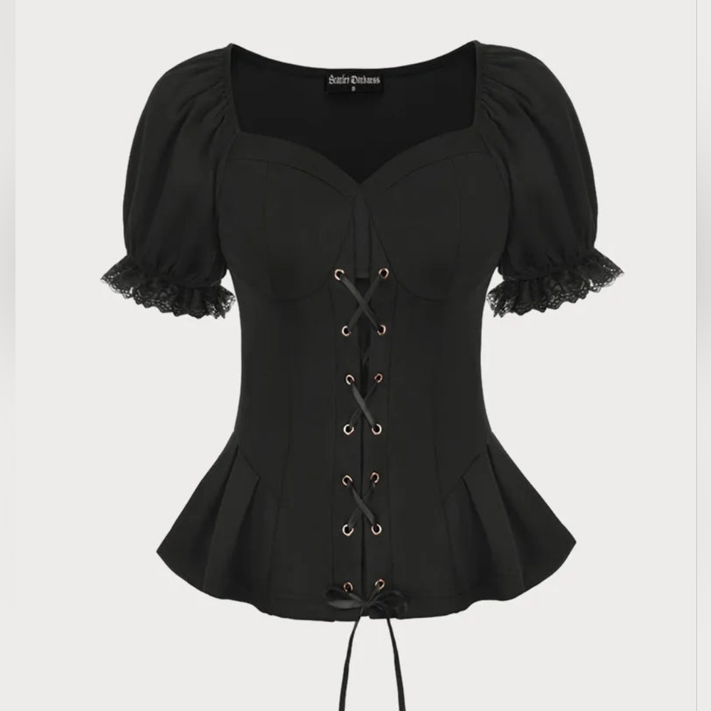 ⭐ Black Sweetheart Neck Lace Up Peasant Blouse - NWT